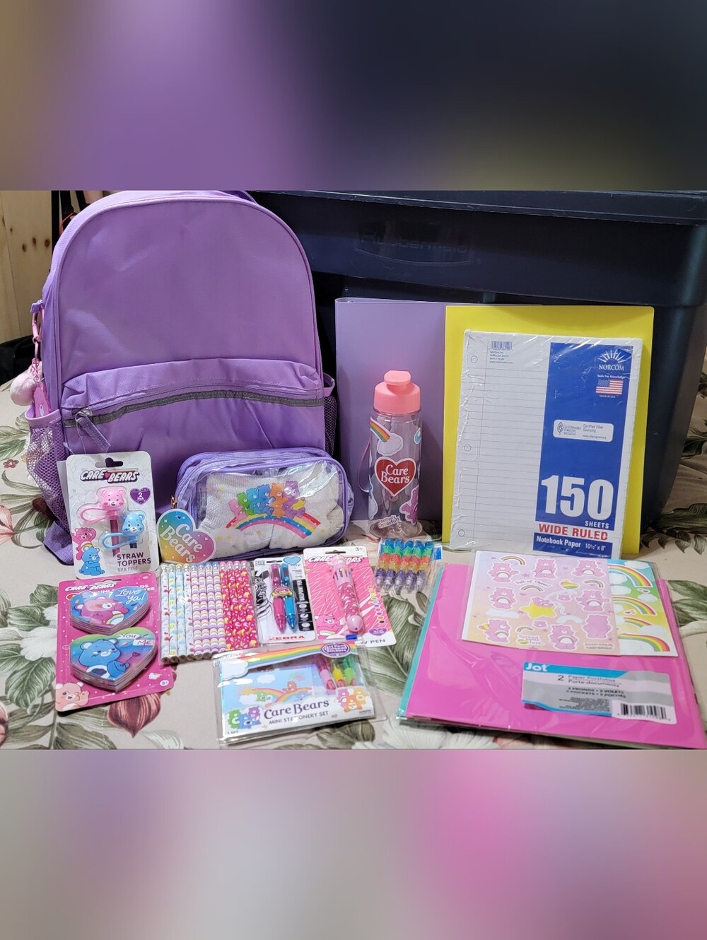 819-Care Bears Pink and Purple School Supplies Backpack Set